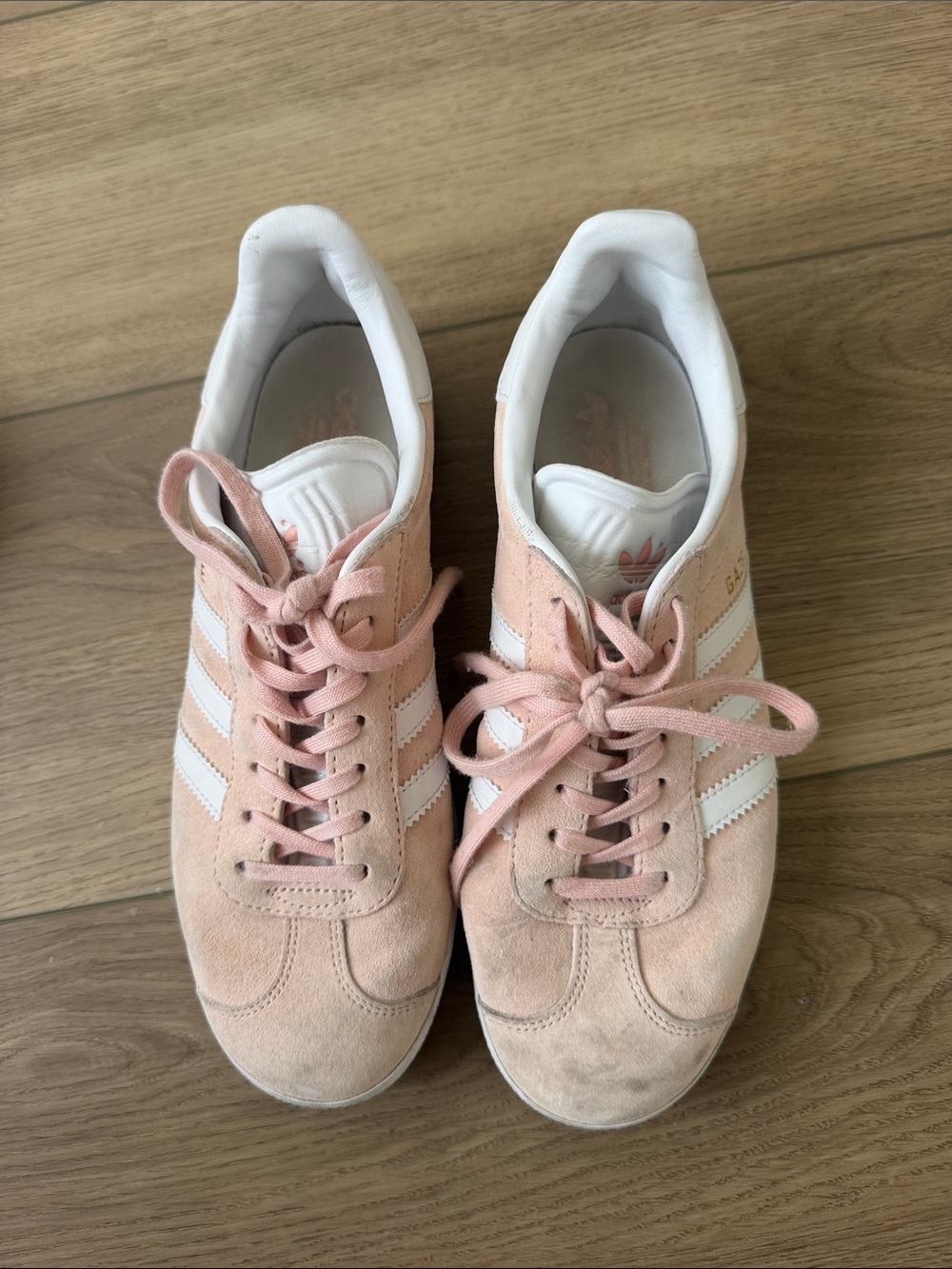 adidas Women’s Pale Pink Suede Sneakers with White Stripes